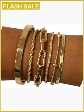 6-Piece Gold-Plated Bracelet Set, Adjustable Chains, Waterproof, Non-Tarnish